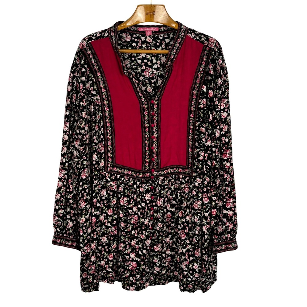 Boho Cottagecore Floral‎ Tunic Top 4X Black Pink Button Front Rayon
